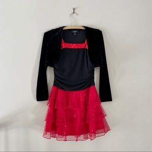 BCX Girl Black and Red Sequined Drop Waist Tiered Dress with Long Sleeve Shrug